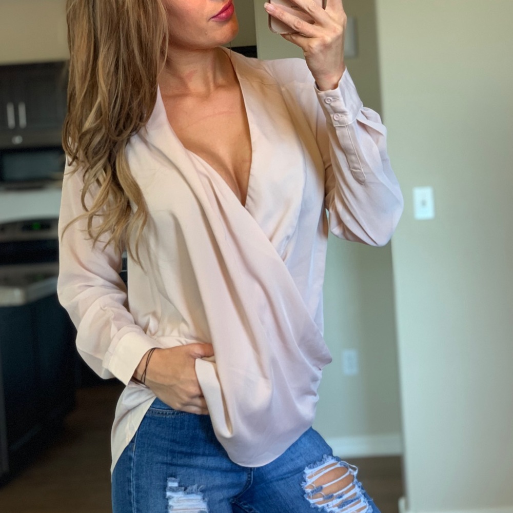 -Light Pink Wrap Surplice Blouse- - Picture 2 of 3